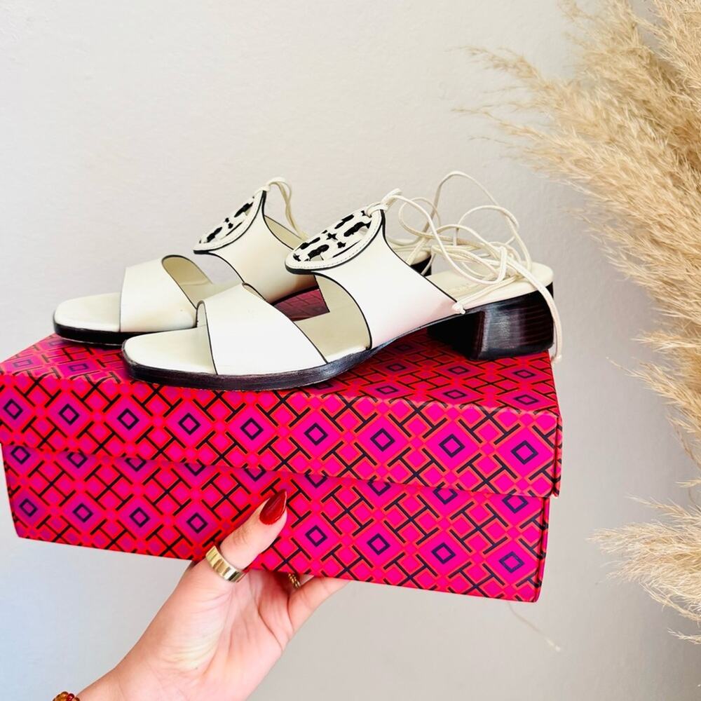 TORY BURCH White Lace Up Miller Leather Block Heel $425 Sandals Shoes Slides 7 - Picture 8 of 16
